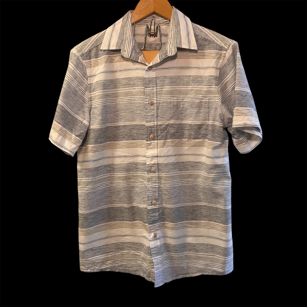 Men's ROWM Short Sleeve Cotton Blend One Pocket Striped Button Down Shirt Size S